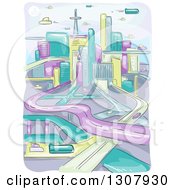 Poster, Art Print Of Sketched Futuristic City With Flying Vehicles And Highways