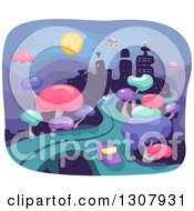Poster, Art Print Of Futuristic City With Trees Roads Flying Saucers And Buildings At Night