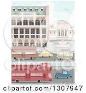 Poster, Art Print Of Busy City Street With Double Decker Buses And Cars By Buildings