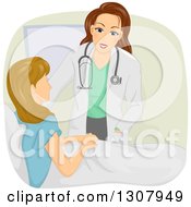 Caring Brunette White Female Doctor Visiting With A Blond Woman In Bed