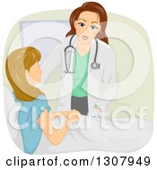 Clipart Of A Caring Brunette White Female Doctor Visiting With A Blond Woman In Bed Royalty Free Vector Illustration