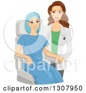 Clipart Of A Caring Brunette White Female Doctor Visiting With A Woman In Seated In A Chair Royalty Free Vector Illustration