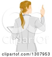 Rear View Of A Dirty Blond White Female Doctor Holding A Clipboard And Holding Up A Finger