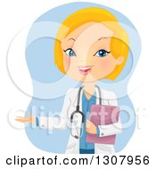 Happy Blond White Female Doctor Holding A Medical Chart And Presenting Over Blue