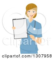 Poster, Art Print Of Friendly Dirty Blond White Female Doctor Or Nurse In Blue Scrubs Pointing To A Blank Clipboard