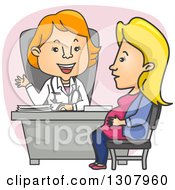 Clipart Of A Cartoon White Female Ob Gyn Doctor Speaking With A Pregnant Patient Royalty Free Vector Illustration