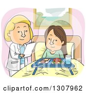 Clipart Of A Cartoon White Female Doctor Or Nutritionist Going Over Meals With A Patient Royalty Free Vector Illustration by BNP Design Studio