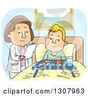 Cartoon White Female Doctor Or Nutritionist Going Over Meals With A Male Patient