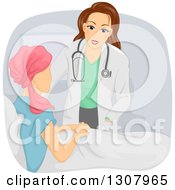 Caring Brunette White Female Doctor Visiting With A Cancer Patient Woman In Bed