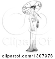 Clipart Of A Grayscale Sketched Asian Girl In A Kimono Holding An Umbrella Royalty Free Vector Illustration