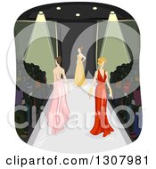 Sketched Female Models In Long Gowns Walking In A Fashion Show