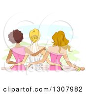 Clipart Of A Sketched Rear View Of A Bride With Her Bridesmaides Looking Out From A Balcony Royalty Free Vector Illustration