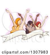 Clipart Of A Sketched Group Of Nude Women Holding Up Their Arms Covered By A Ribbon Banner Over Pink Royalty Free Vector Illustration by BNP Design Studio