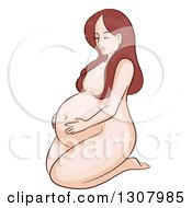 Clipart Of A Sketched Brunette White Pregnant Woman Kneeling And Holding Her Belly Royalty Free Vector Illustration by BNP Design Studio