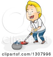 Poster, Art Print Of Cartoon Blond White Man Pushing A Curling Stone With A Broom