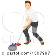 Brunette White Man Pushing A Curling Stone With A Broom