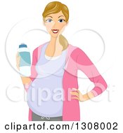 Happy Dirty Blond White Pregnant Woman Holding A Water Bottle