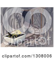 Clipart Of A Dark Mining Tunnel With Coal A Pickaxe And Helmet In A Cart Royalty Free Vector Illustration