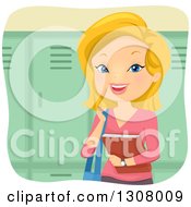 Happy Blond White Female College Student Holding A Book By Lockers