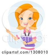 Clipart Of A Happy Red Haired White Female College Student Holding A Book And Pointing Over Blue Royalty Free Vector Illustration
