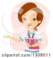 Clipart Of A Happy Brunette White Female College Student Holding A Book And Presenting Over Pink Royalty Free Vector Illustration by BNP Design Studio