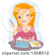 Clipart Of A Happy Red Haired White Female College Student Studying Over Blue Royalty Free Vector Illustration
