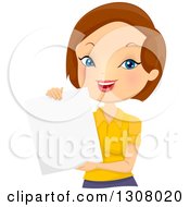 Clipart Of A Happy Brunette White Woman Holding A Blank Paper Royalty Free Vector Illustration