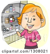 Poster, Art Print Of Cartoon Red Haired White Woman Looking At Pill Bottles In A Medicine Cabinet