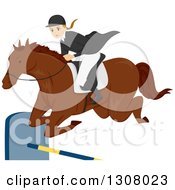 Young White Female Equestrian Leaping A Horse Over A Bar