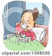 Cartoon Sick Brunette White Woman Sneezing In Bed