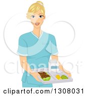 Clipart Of A Happy Blond White Female Dietician Or Nurse Holding A Cafeteria Food Tray Royalty Free Vector Illustration by BNP Design Studio