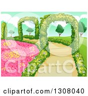 Poster, Art Print Of Botanical Garden With Flowers Shrubs And Hedge Arches