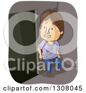 Clipart Of A Cartoon Scared Brunette White Man Hiding Behind A Wall Royalty Free Vector Illustration