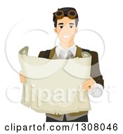 Clipart Of A Handsome Young Asian Steampunk Man Holding A Paper Scroll Royalty Free Vector Illustration