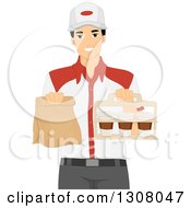 Poster, Art Print Of Young Asian Man Holding Takeout Food At A Restaurant