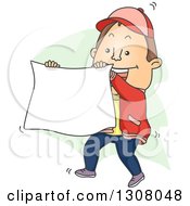 Clipart Of A Cartoon Brunette White Man Holding Up A Banner Royalty Free Vector Illustration