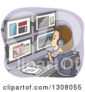 Poster, Art Print Of Cartoon Brunette White Stock Analyst Man Tracking Events And Using Multiple Computer Screens
