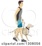 Brunette White Man Walking His Labrador Dog
