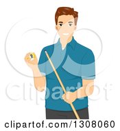 Poster, Art Print Of Brunette Young White Man Holding A Billiard Ball And Cue Stick