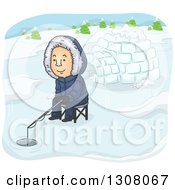Cartoon White Man Ice Fishing Near An Igloo