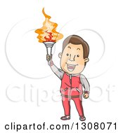 Poster, Art Print Of Cartoon Happy Brunette White Male Athlete Holding Up A Torch
