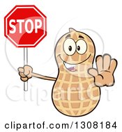 Clipart Of A Happy Peanut Mascot Character Gesturing And Holding A Stop Sign Royalty Free Vector Illustration by Hit Toon