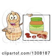 Happy Peanut Mascot Character Pointing To And Holding A Sign Of A Jar Of Peanut Butter