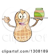 Clipart Of A Happy Peanut Mascot Character Gesturing Ok And Holding A Jar Of Peanut Butter On A Tray Royalty Free Vector Illustration by Hit Toon