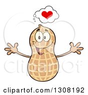 Clipart Of A Happy Peanut Mascot Character With A Heart And Open Arms Royalty Free Vector Illustration by Hit Toon