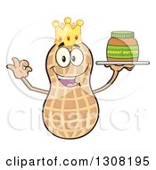 Happy King Peanut Mascot Character Gesturing Ok And Holding A Jar Of Peanut Butter On A Tray
