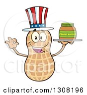 Happy American Peanut Mascot Character Gesturing Ok And Holding A Jar Of Peanut Butter On A Tray