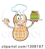 Happy Chef Peanut Mascot Character Gesturing Ok And Holding A Jar Of Peanut Butter On A Tray