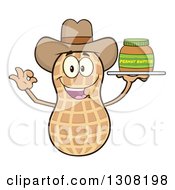Poster, Art Print Of Happy Cowboy Peanut Mascot Character Gesturing Ok And Holding A Jar Of Peanut Butter On A Tray
