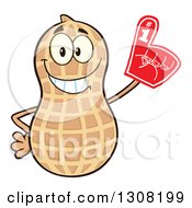 Poster, Art Print Of Happy Peanut Mascot Character Wearing A Foam Finger